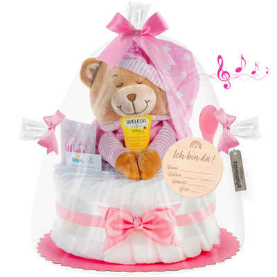 Timfanie Neugeborenen-Geschenkset Windeltorte, Spieluhr Schlafmütze, rosa, 0-8 Monate (rosa, 28-tlg., mit Grußkarte) Einzelanfertigung