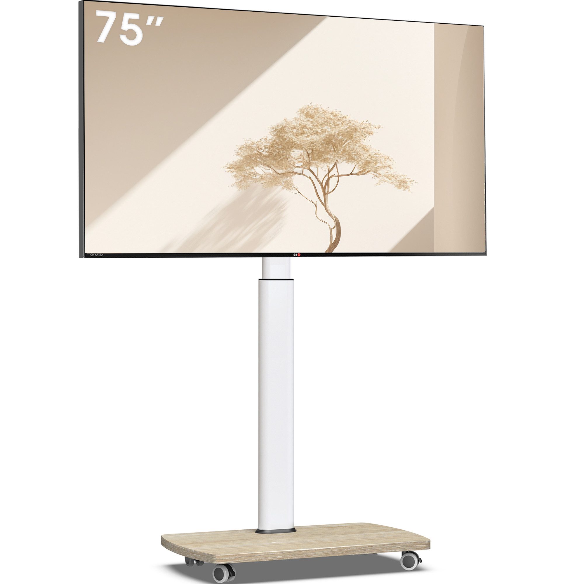 AOKCOS TV-Ständer mit Rollen, höhenverstellbar, ±50° schwenkbar, 43-75 Zoll, (bis 75 Zoll, -2° und +10° neigbar, Holz-Bodenplatte)
