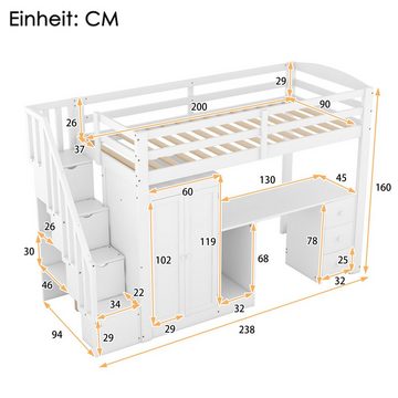 Flieks Hochbett Kiefer Kinderbett mit Schreibtisch & Kleiderschrank 90x200cm