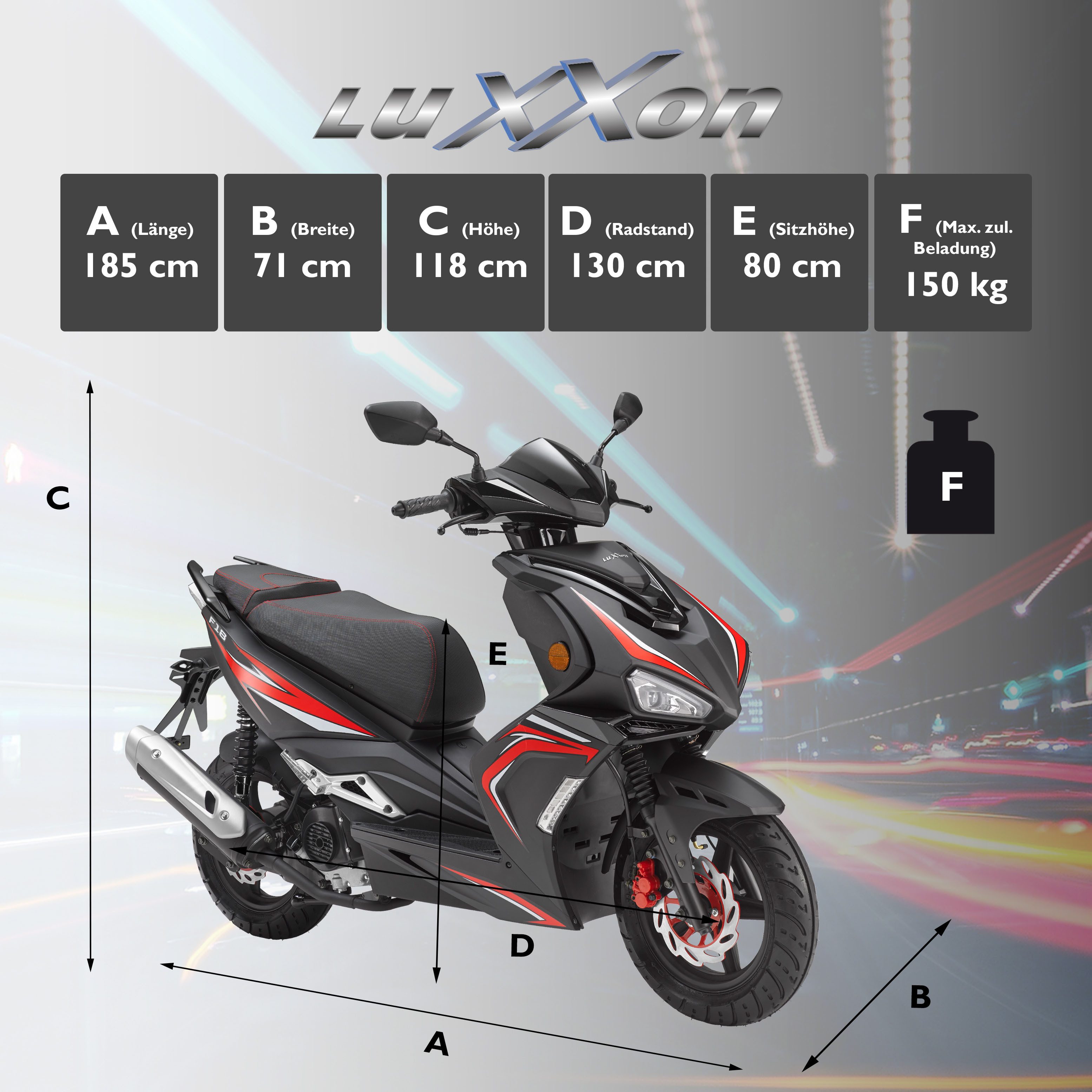 Luxxon Motorroller F18, 50 ccm, 45 km/h, Euro 5, (abschließbares Staufach), 2 Sitzplätze, für Erwachsene, Sportliches Design, 4-Takt Motor