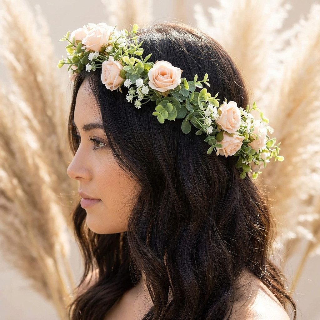 H-basics Stirnband Blumenkranz Boho Haarkranz Braut Hochzeit Festival Kunstblumen in natürlicher Optik