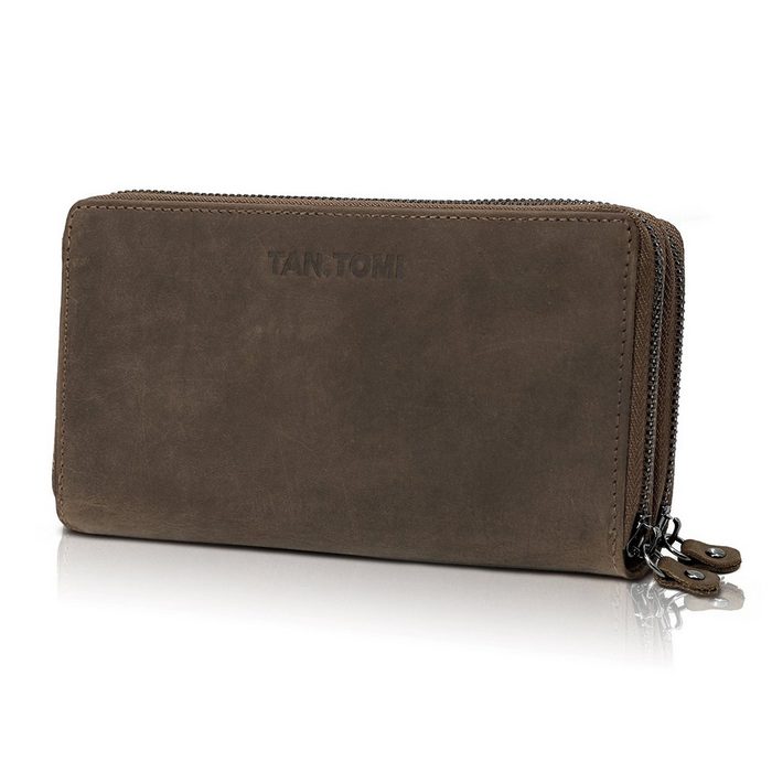 TAN.TOMI Brieftasche Geldbeutel Büffelleder braun groß im Langformat RFID Schutz mit doppelten Reißverschlüssen und vielen Fächern