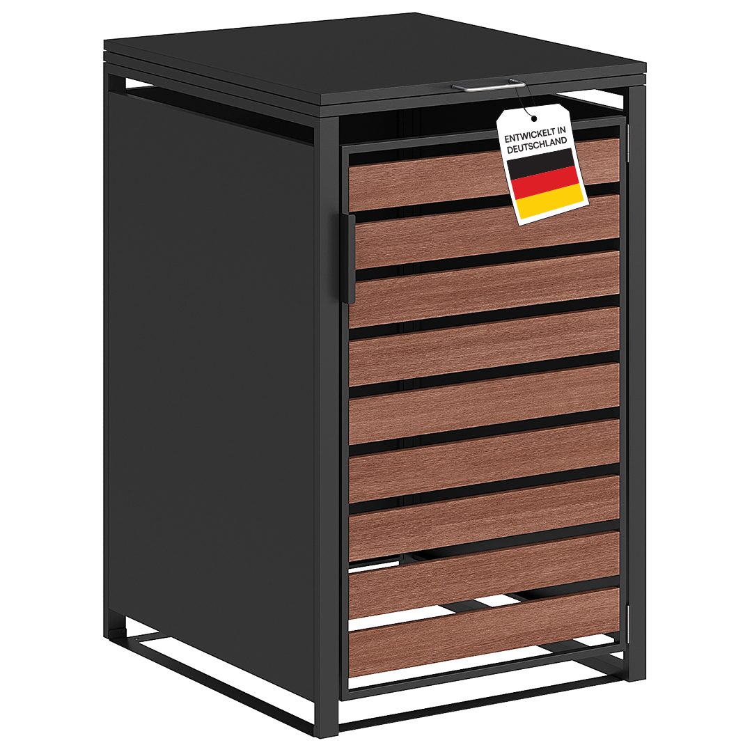 STEELSØN Mülltonnenbox Kestra 240L aus verzinktem Stahl (Graphitschwarz/Nußbaum-Holz, verfügbar mit 1, 2, 3, 4, oder 5 Türen), für 1 Tonne, mit Sichtstreifen Holzoptik