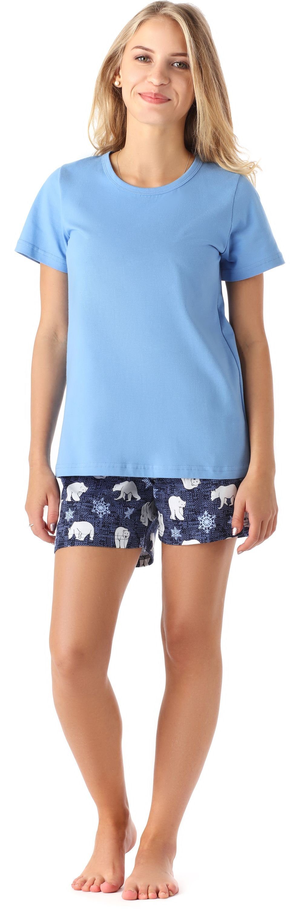 Schlafanzug Merry Style Schlafanzüge Kurz Blau Pyjama Baumwolle aus Set Mädchen Bär MS10-265