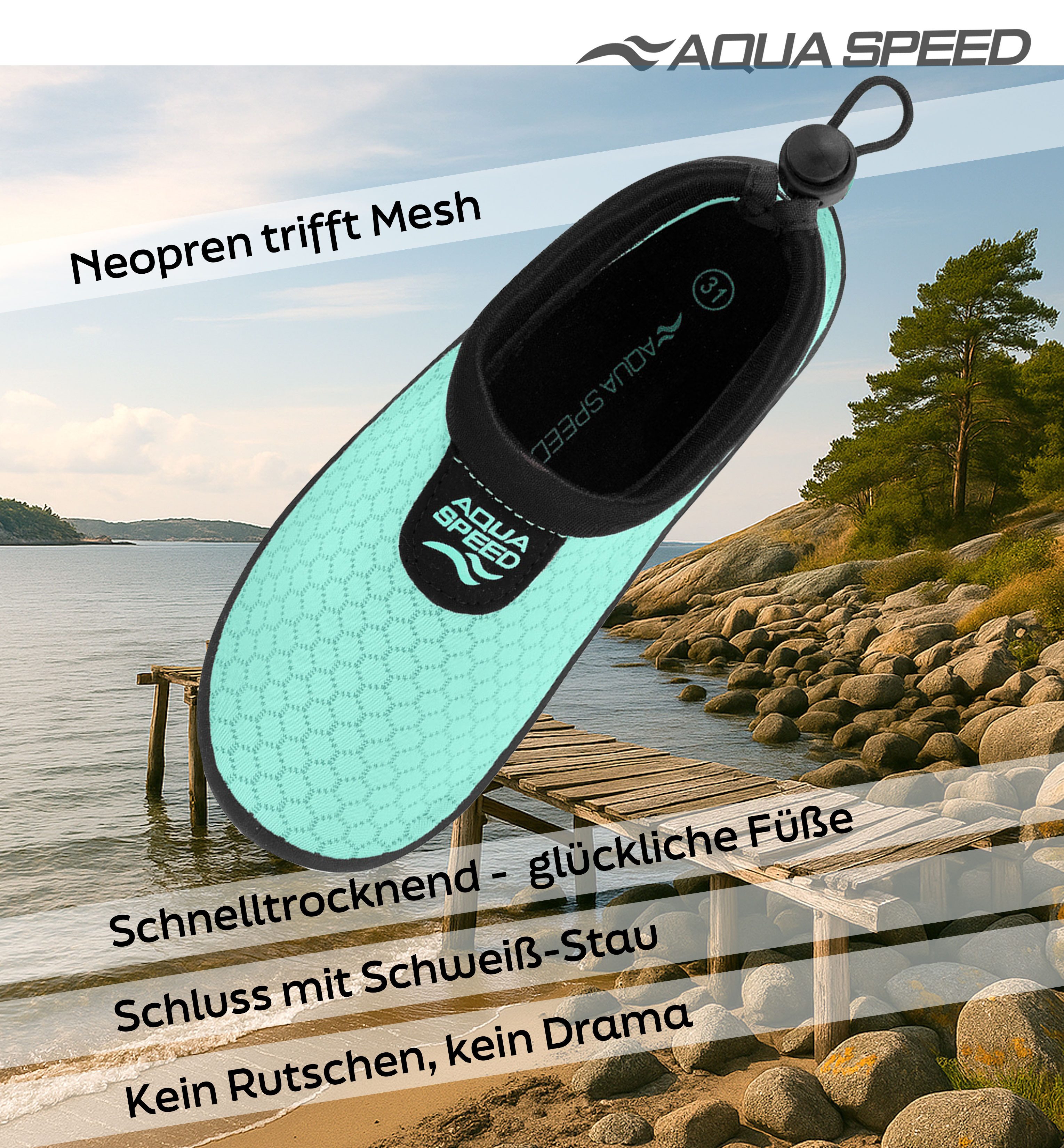 Aqua Speed 30 Aqua Shoe Wasserschuhe für empfindliche Füße – weich & schnelltroc Wasserschuh (Barfuß-Schwimmschuhe mit Grip – für Kinder, Damen & Herren) Sohle mit Grip – Mit Mikrofaserhandtuch für Pool & Sauna