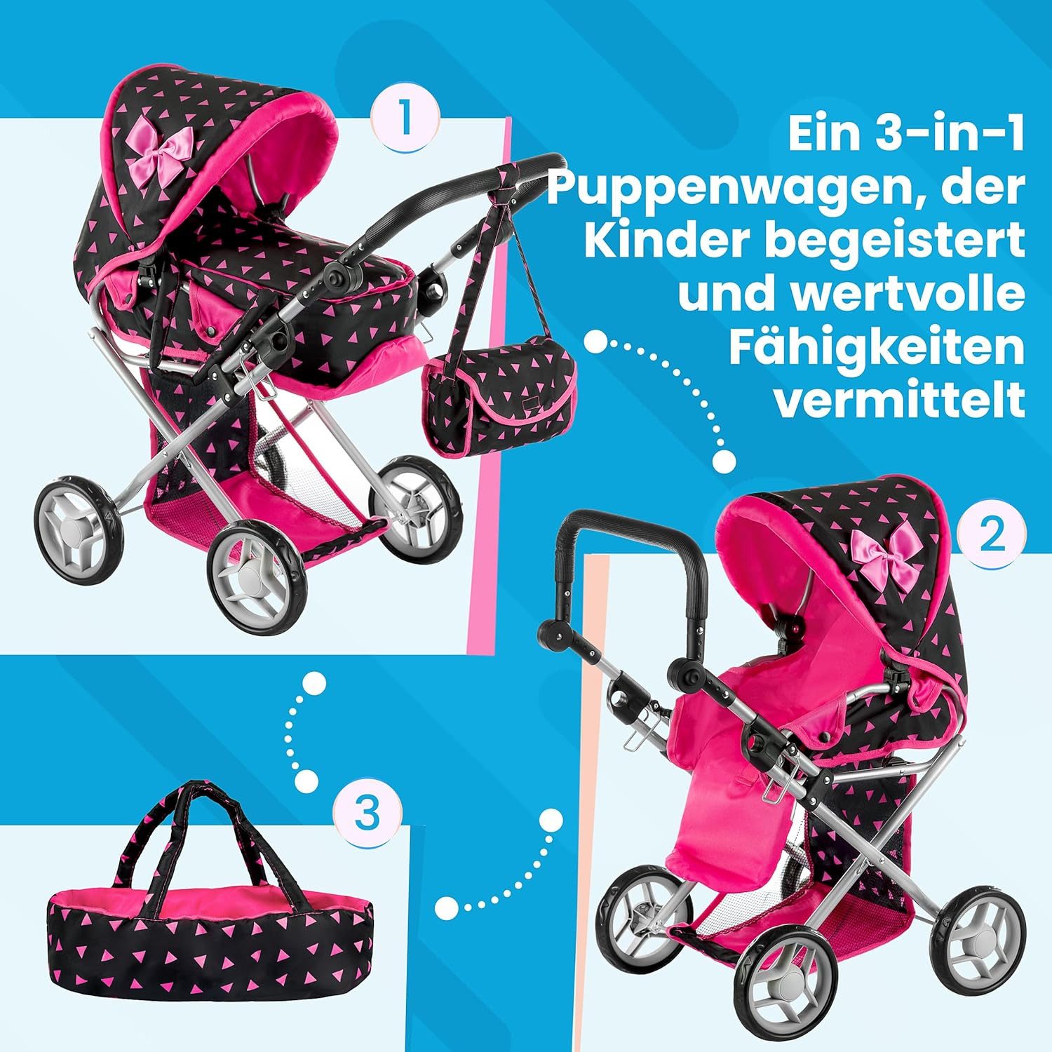kinderplay Puppenwagen Puppenwagen 3-in-1 – höhenverstellbar & klappbar – Spielspaß ab 3 Jahr, (Set)
