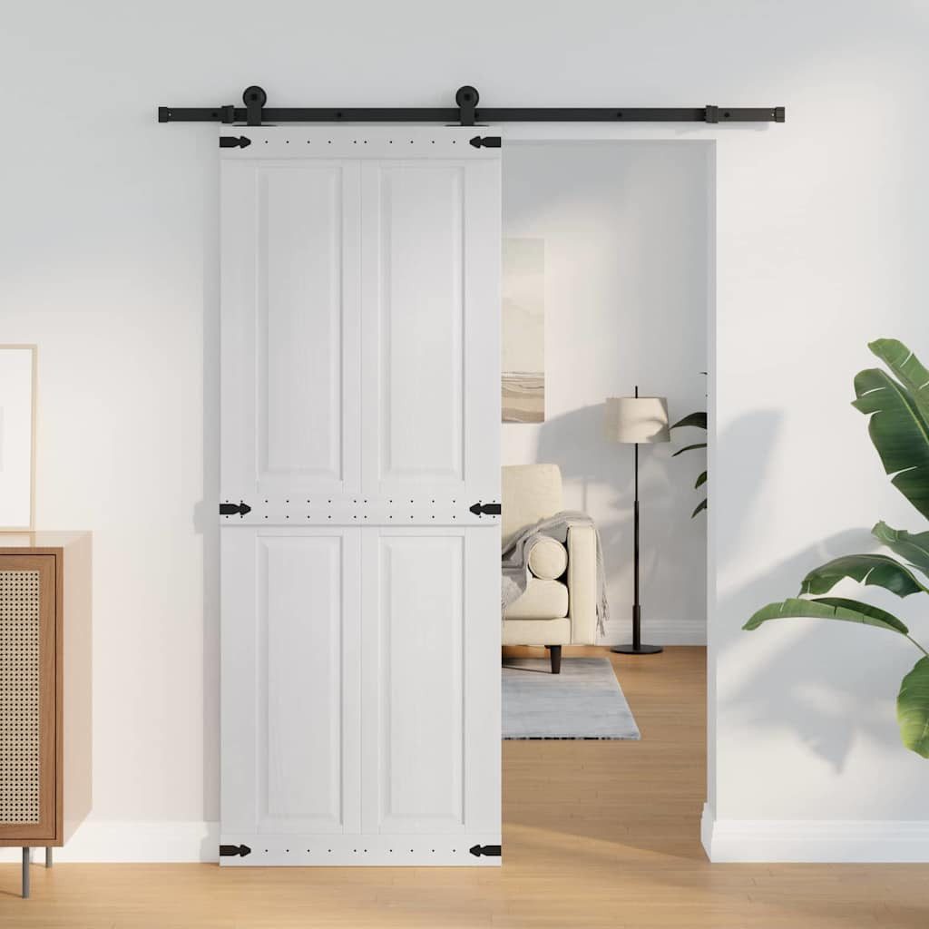 furnicato Schiebetür Scheunentür Corona Massivholz 80 x 210 cm Weiß, Leises Gleitsystem für Schiebetür, platzsparend für dein Schlafzimmer