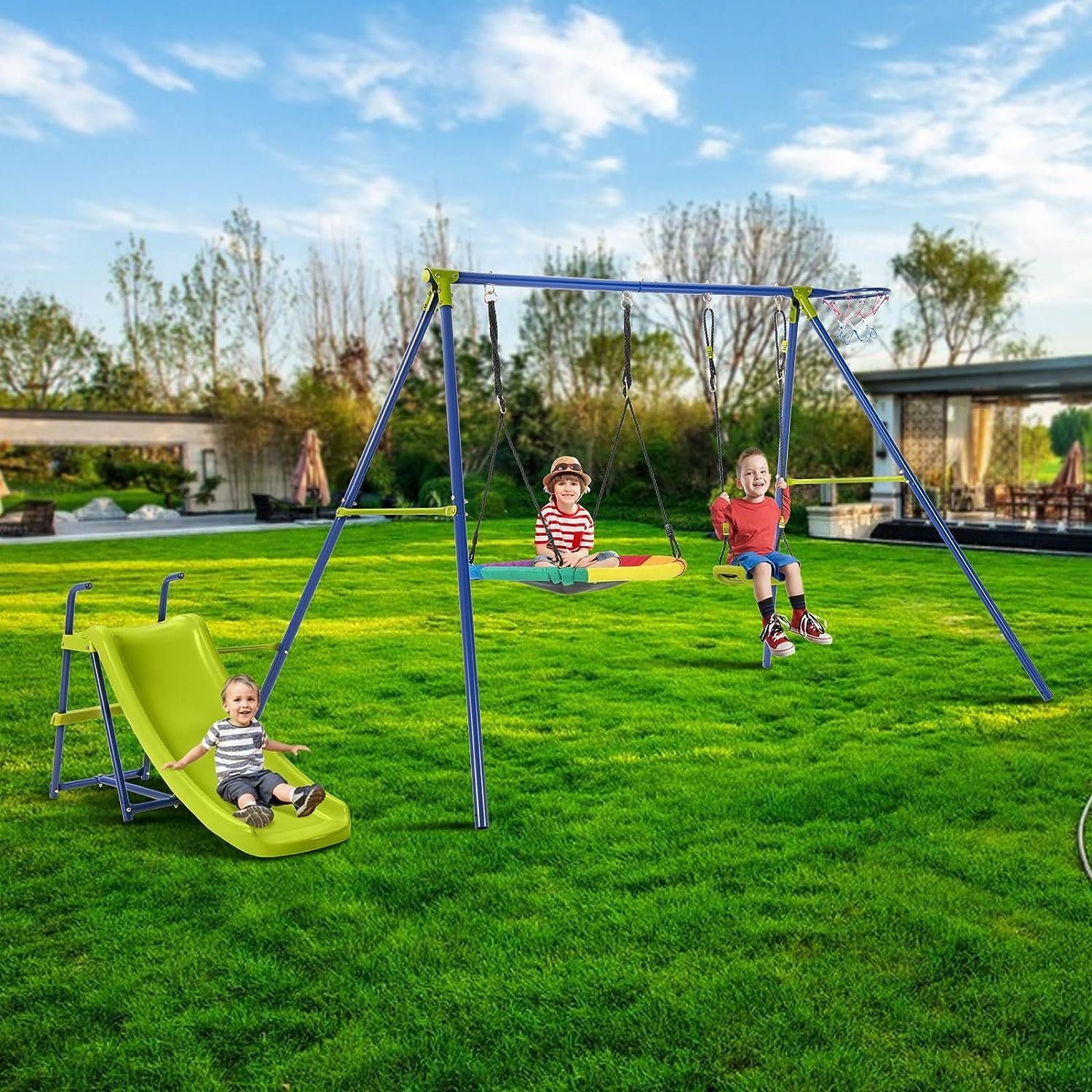 KOMFOTTEU Schaukelkombination 4-in-1 Kinderschaukel, (Set), mit Rutsche Basketballkorb