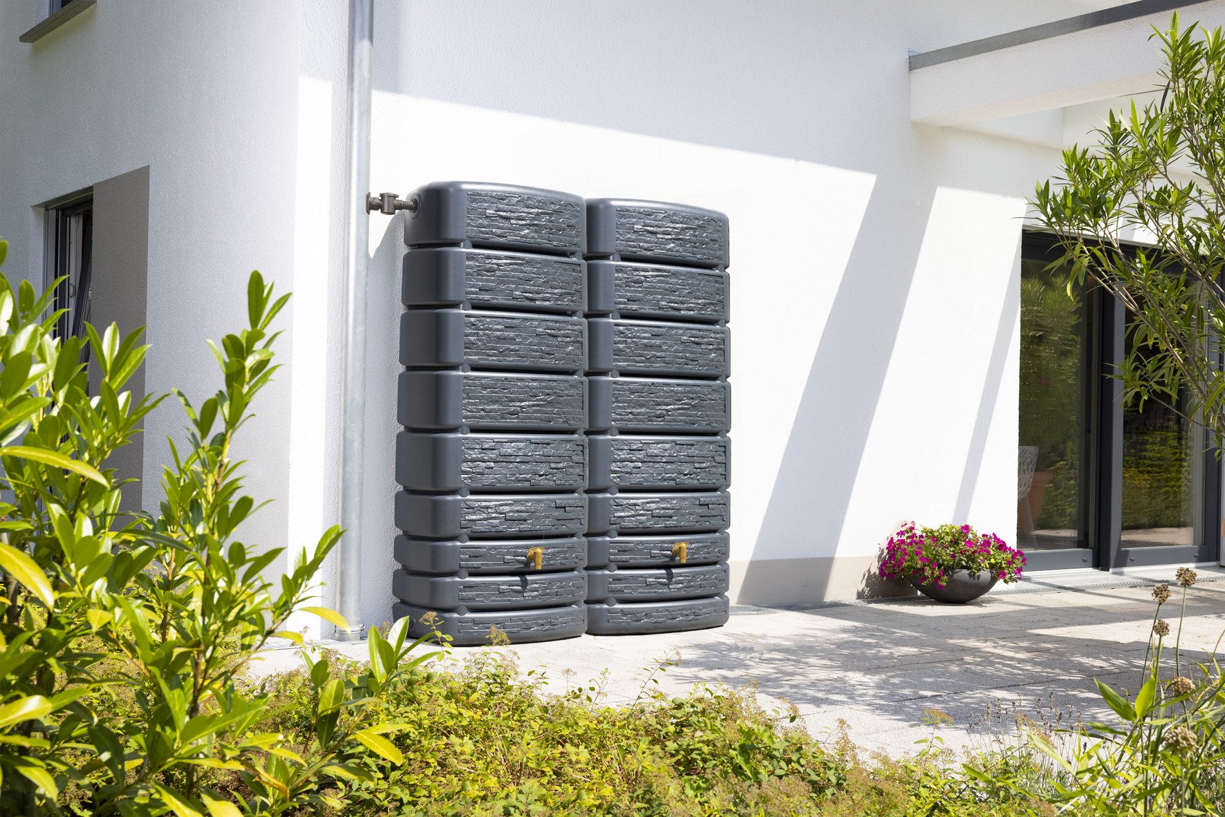 4rain Regentonne SLIM STONE DECOR Wandtank-SET 1000 L, graphite grey