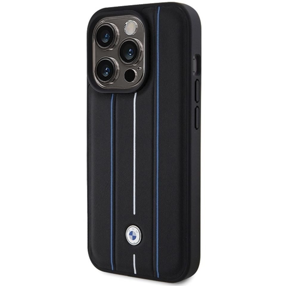 BMW Handyhülle Case iPhone 15 Pro Echtleder Streifen schwarz Logo Metall 6,1 Zoll, Kantenschutz
