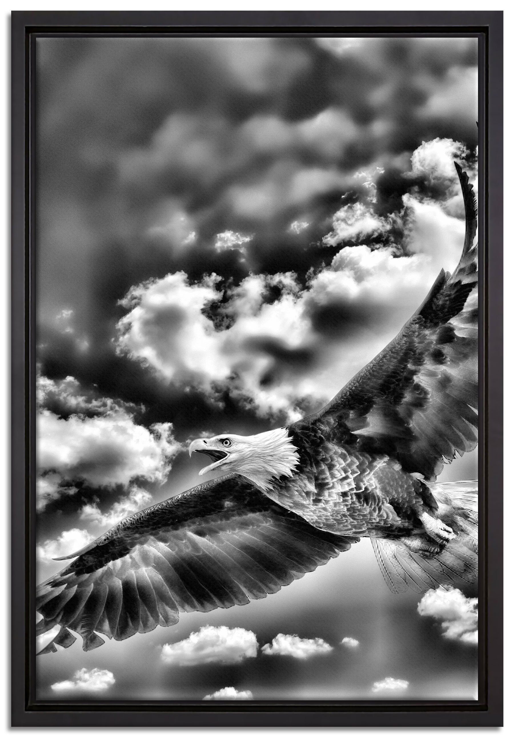 Pixxprint Leinwandbild Adler fliegt über Berge, Wanddekoration (1 St), Leinwandbild fertig bespannt, in einem Schattenfugen-Bilderrahmen gefasst, inkl. Zackenaufhänger