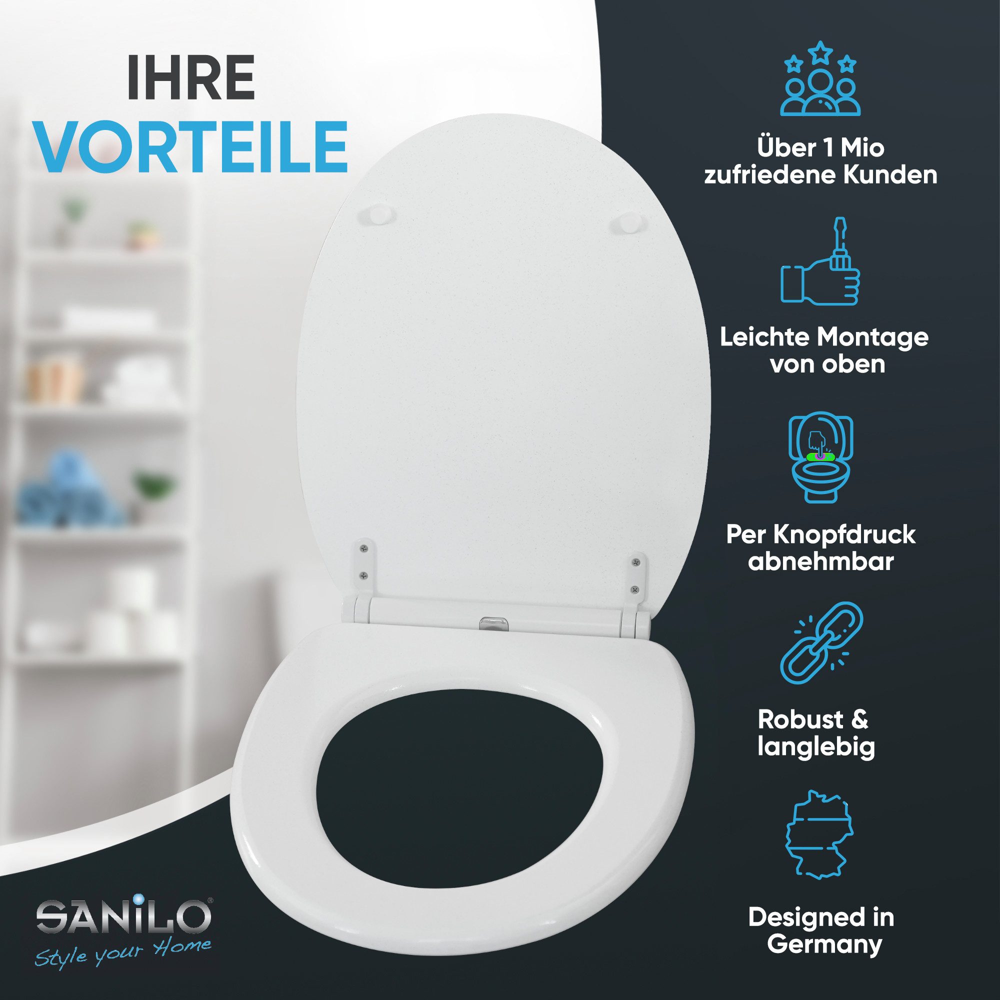 Sanilo WC-Sitz Glitzer mit Absenkautomatik & Quick Release, Premium Toilettendeckel, abnehmbar, leichte Montage von oben