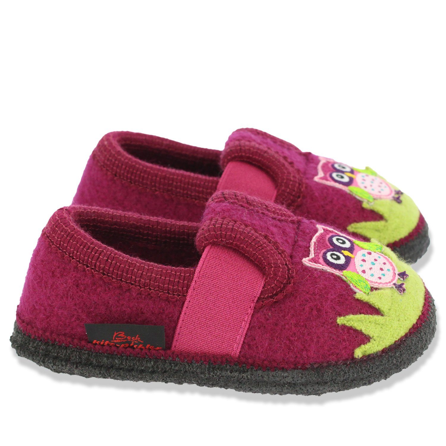 Beck Hüttenschuh Eule Hüttenschuhe (aus Österreich, mit rutschfester Laufsohle) zum Schlupfen, Gummieinsätze seitlich, 100% atmungsaktive Schurwolle