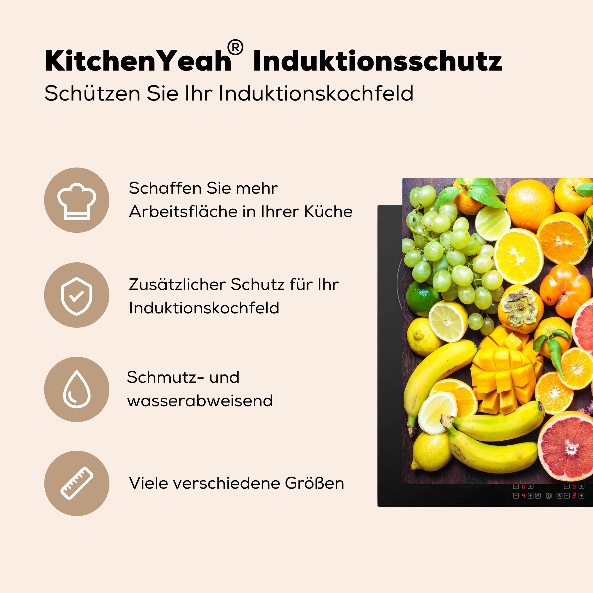MuchoWow Herdblende-/Abdeckplatte Obst küche, (1 - 59x52 Ceranfeldabdeckung Vinyl, die tlg), Farben, für Induktionsmatte cm, - Regenbogen
