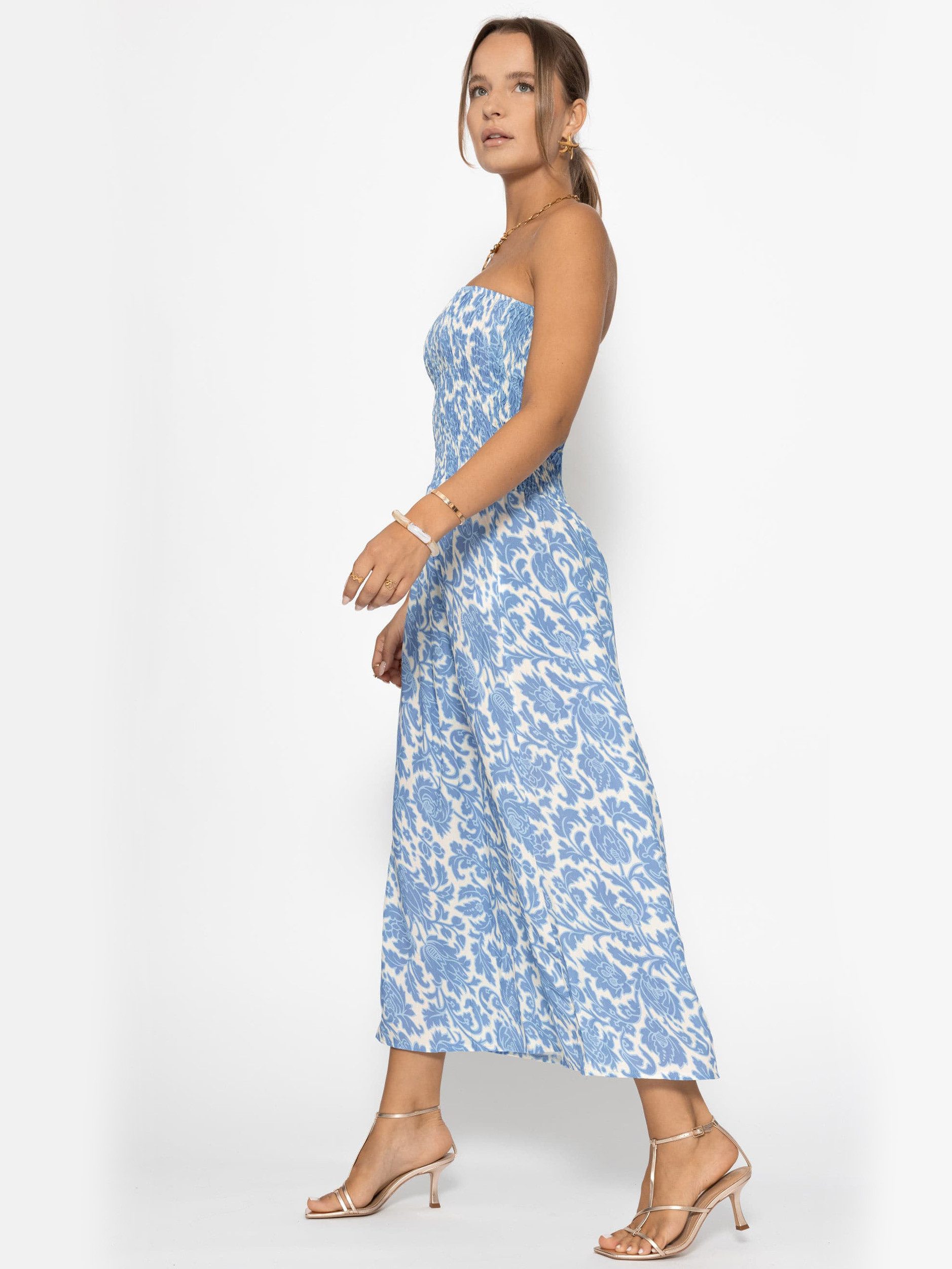 SASSYCLASSY Bandeaukleid Gesmoktes Bandeau-Kleid mit Print Damen trägerloses Midikleid mit gerafftem Bustier jeansblau – Bild 5 von 5