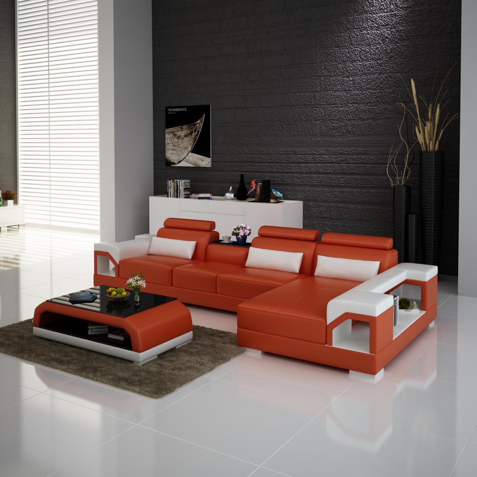 JVmoebel Ecksofa, Couch Ecksofa Leder Wohnlandschaft Garnitur Design Modern Orange/Weiß