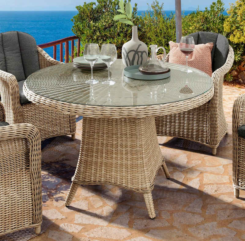 Destiny Gartentisch LUNA Tisch, Polyrattan, Ø 100x75 cm, mit aufgelegter Glasplatte, natur meliert