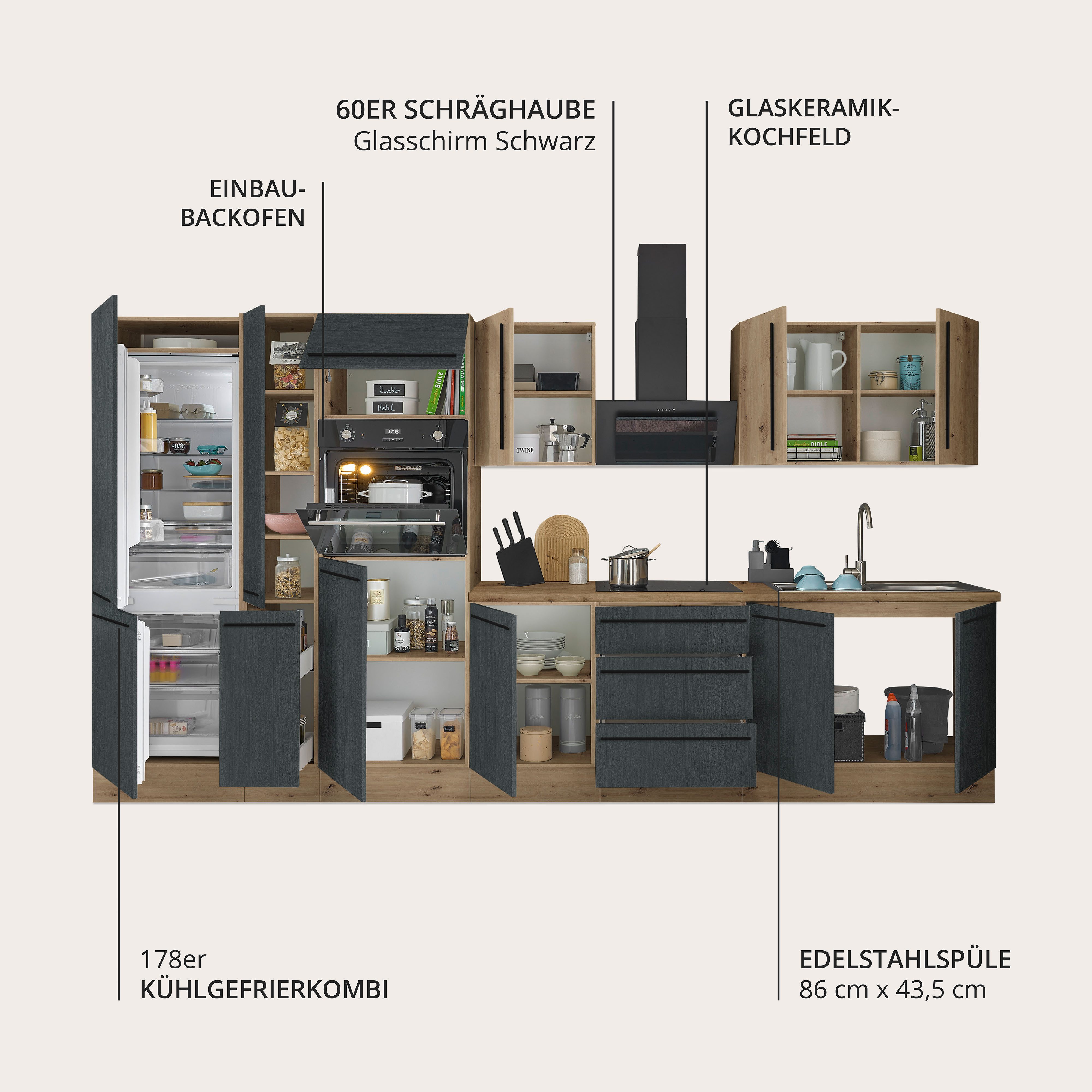 KOCHSTATION Küchenzeile Florida, Breite 360 cm, wahlweise mit E-Geräten,Softclose für Türen/Schubkästen