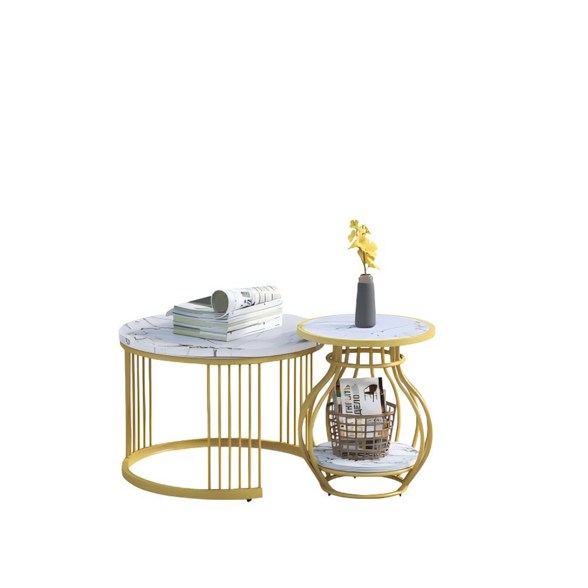 Couchtisch 2er Set Beistelltisch Satztische, Metallgestell, Rund Weiß Gold Marmor