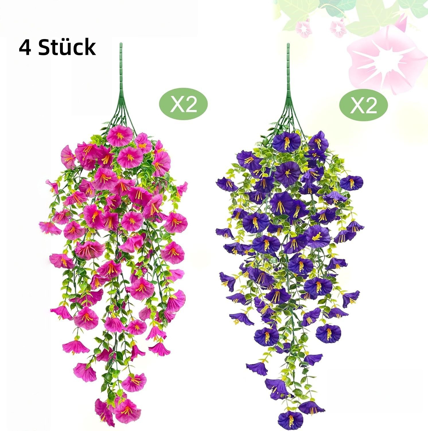 Kunstblumenstrauß 4er Set künstliche Hänge-Morgenglorien, 75 cm für Balkon & Garten, FOUORTUNATE-BEE, Künstliche Hängeblumen für Balkon und Außenbereich, 4 Stück