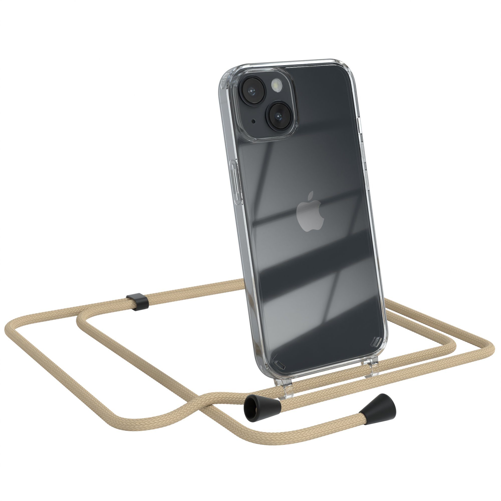 EAZY CASE Handykette Clips Schwarz für Apple iPhone 14 6,1 Zoll, Handykordel Umhängetasche für Handy Hülle durchsichtig Beige Taupe