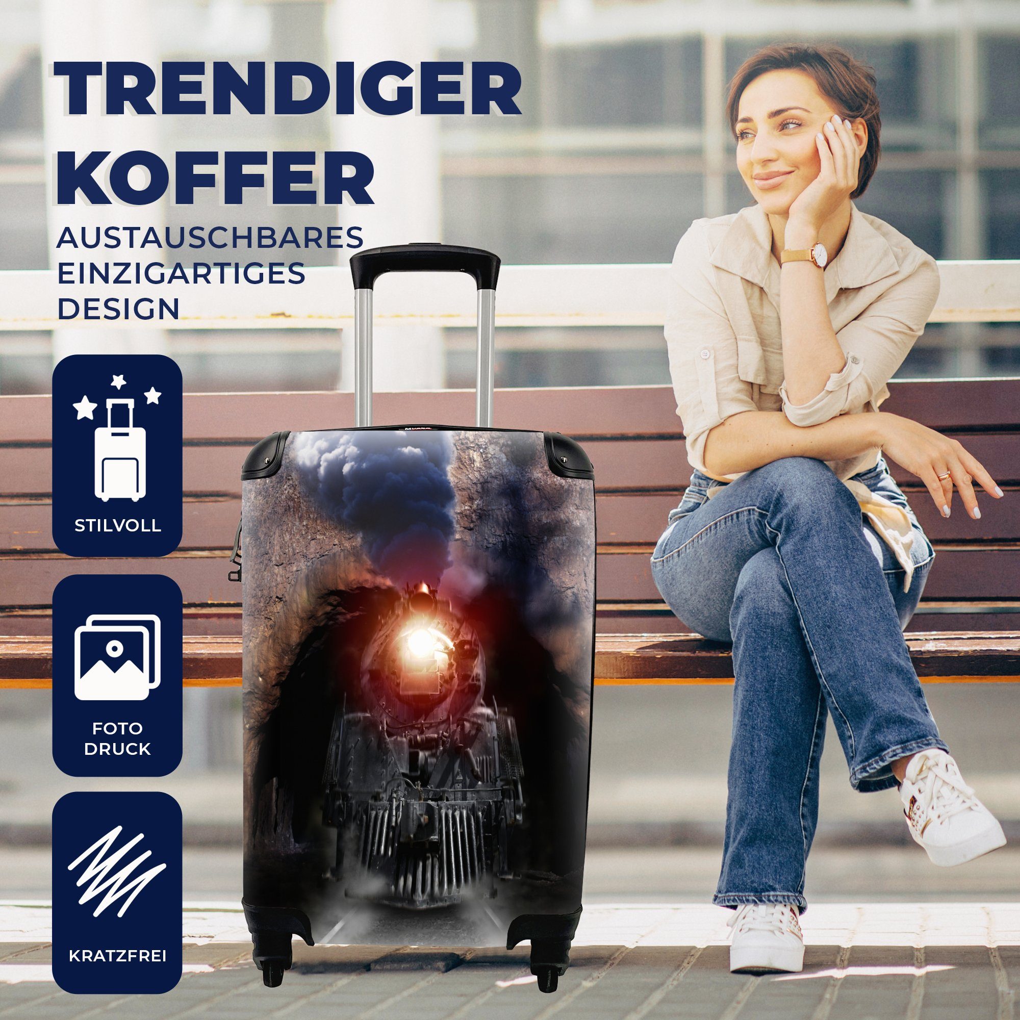 mit Handgepäckkoffer rollen, Handgepäck der 4 Reisekoffer MuchoWow einem Reisetasche Rollen, Tunnel kommt, Dampfzug, Ferien, für aus Trolley,