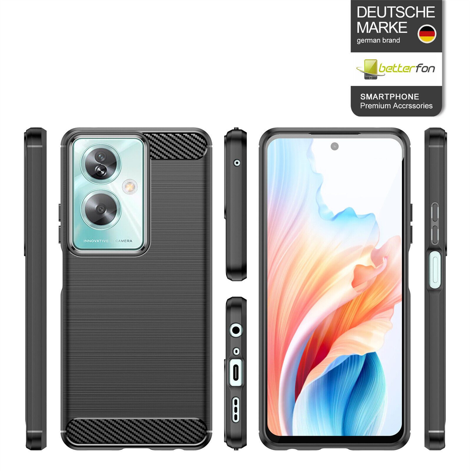 betterfon Handyhülle Carbon Hülle für Oppo A79 Backcover TPU Silikon Bumper Schwarz, Carbon-Look – stoßfestes Case mit Air-Cushion & Metall-Optik