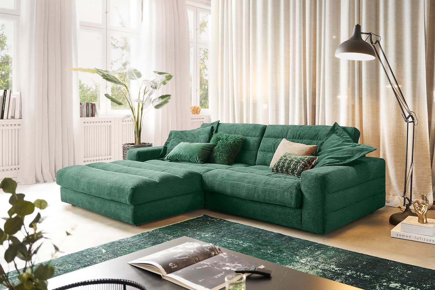 KAWOLA Ecksofa LANA, Sofa Cord Recamiere rechts od. links versch. Größen und versch. Farben smaragd
