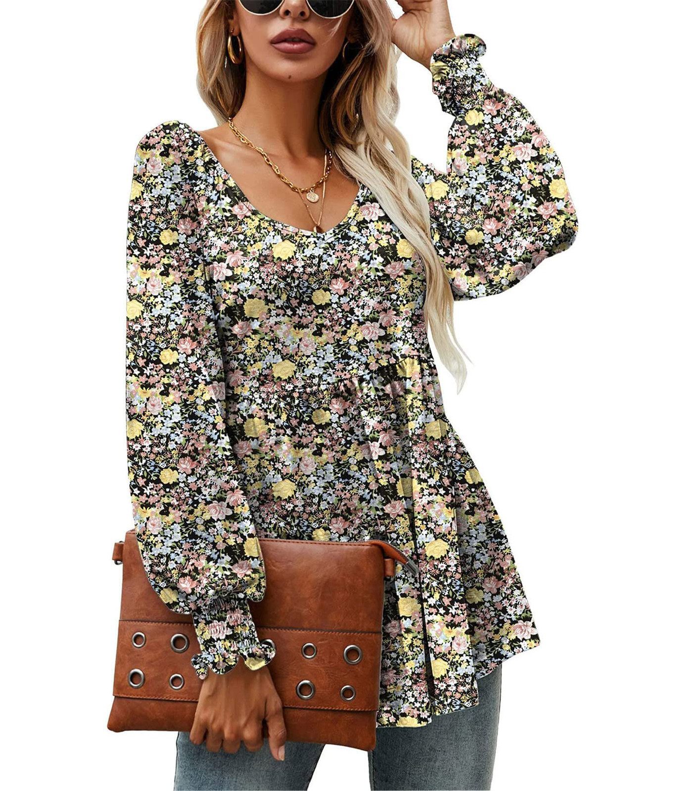 ZWY 2-in-1-Shirt Damen Langarm V-Ausschnitt Tops Puffy Flowy Floral Shirts