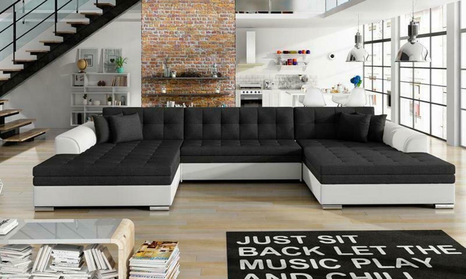 JVmoebel Ecksofa, Klassisch Design Ecksofa Vento Bettfunktion Couch Leder Polster Textil Schwarz / Weiß