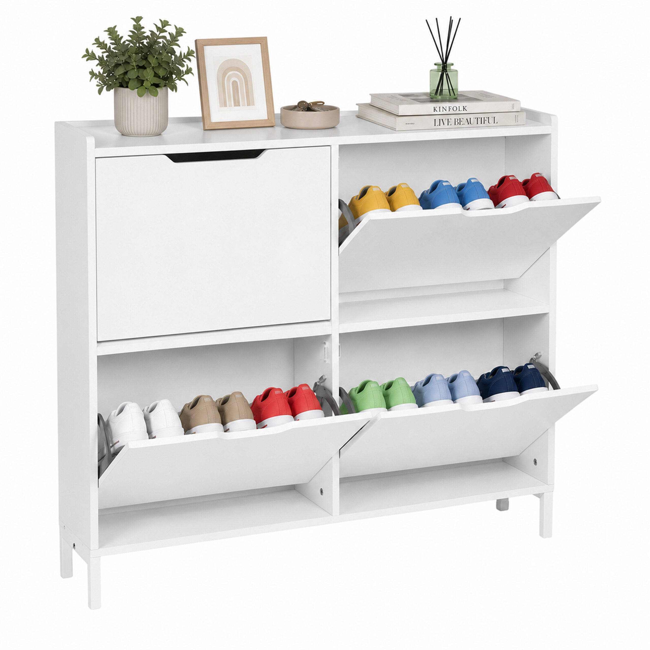 relaxdays Schuhkipper Schmaler Schuhkipper mit 4 Fächern, weiß