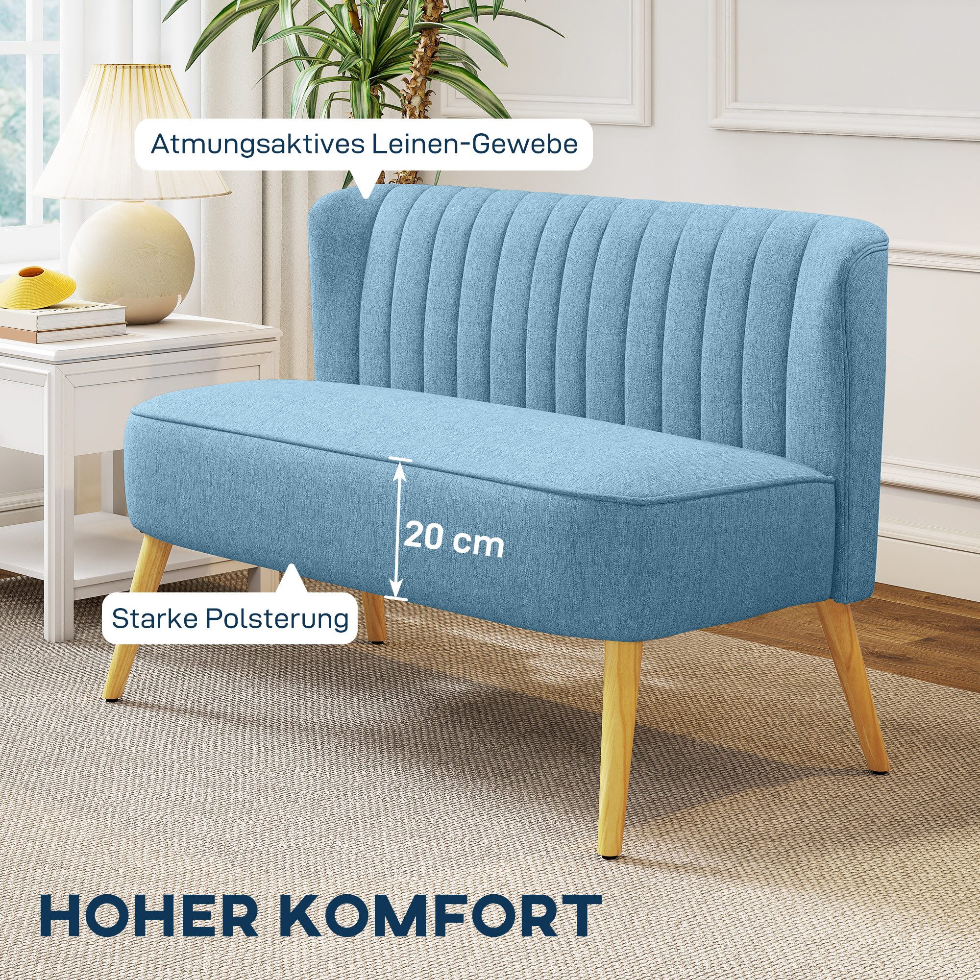 HOMCOM 2-Sitzer Sofa Loveseat mit Leinen-Optik für Schlafzimmer 117x56,5x77cm, Doppelsofa 1 Teile, für Wohnzimmer, Schlafzimmer, 117 x 56,5 x 77 cm, Blau – Bild 4 von 5