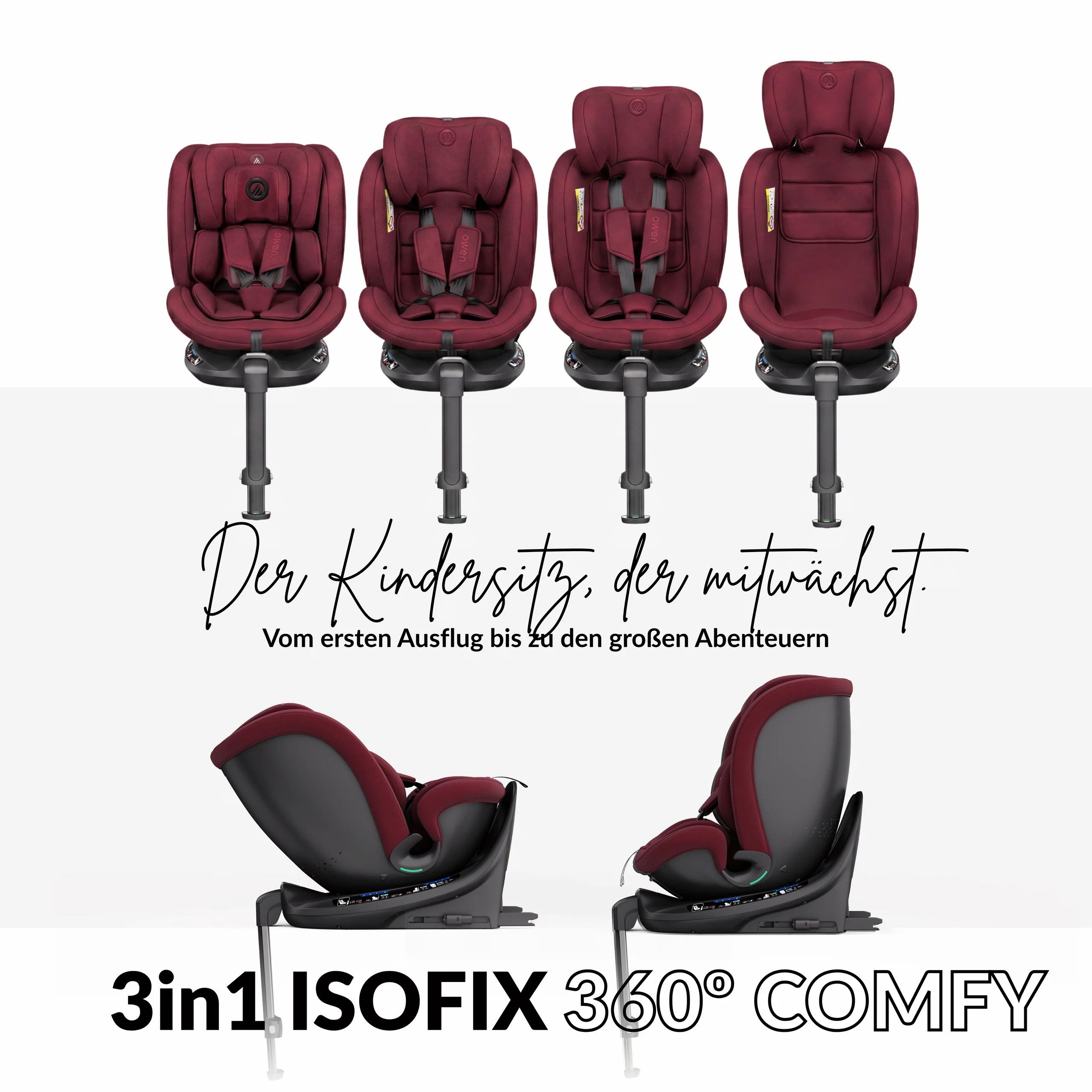 OWEN Autokindersitz OWEN® 3-in-1 Kindersitz mit ISOFIX 360º Comfy, bis: 12, Kombinations-Kindersitz (mitwachsend)