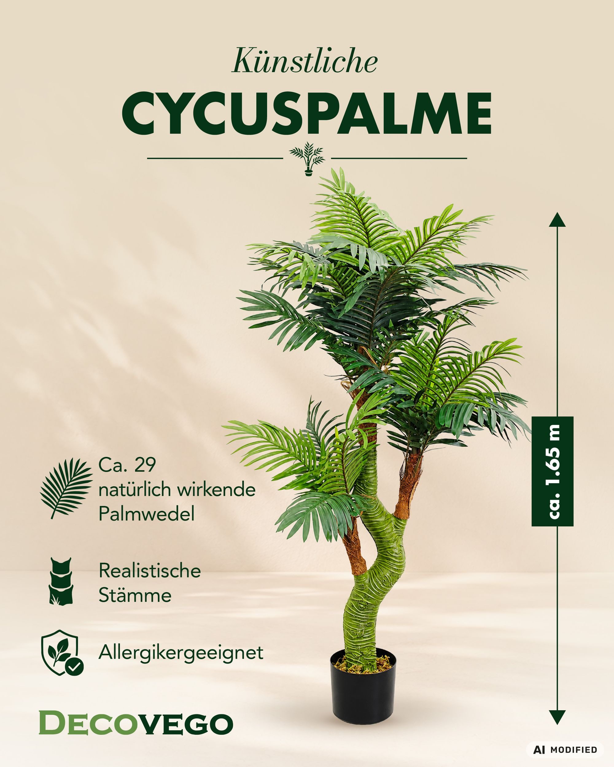 Kunstpalme Palme Cycuspalme Kunstpflanze Künstliche Pflanze mit Topf 165 cm Cycuspalme, Decovego, Höhe 165 cm – Bild 2 von 5