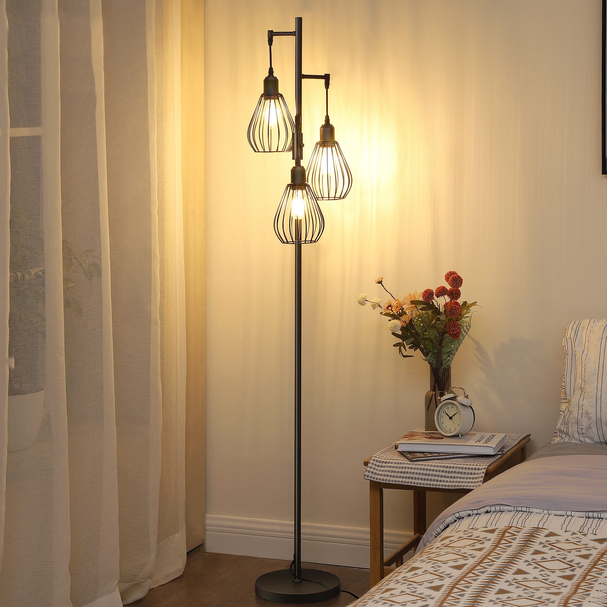 EDISHINE Stehlampe Wohnzimmer Dimmbar, 3-flammige Stehleuchte Industrial, LED wechselbar, Warmweiß, 3 Käfig Lampenschirm aus Metall, Schwarz