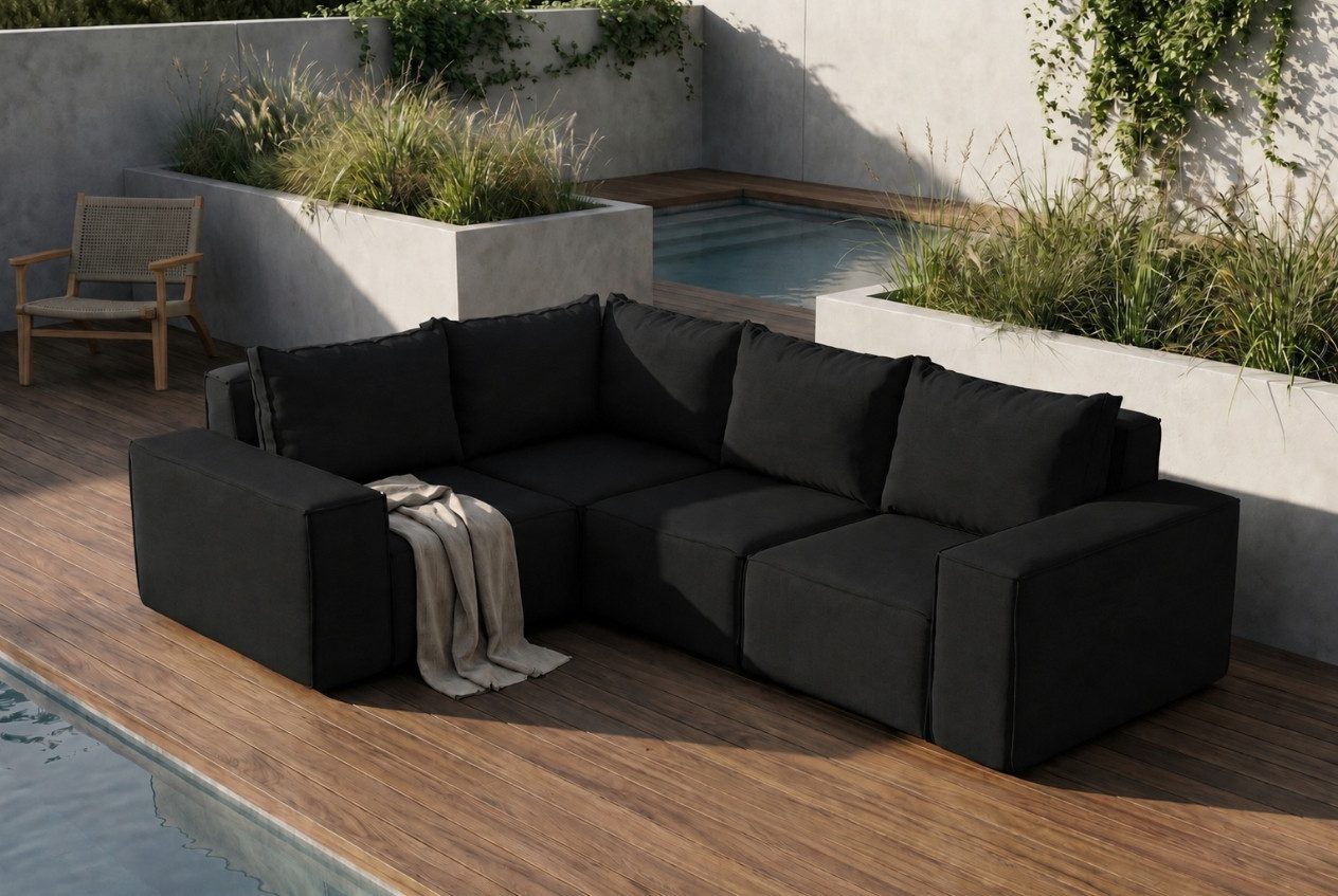 Friderik-EU Gartensofa Garten-Ecksofa 246x181 cm, wasserdichter Bezug, 5 Sitzplätze, moderne Jeans-Optik, einfache und schnelle Montage