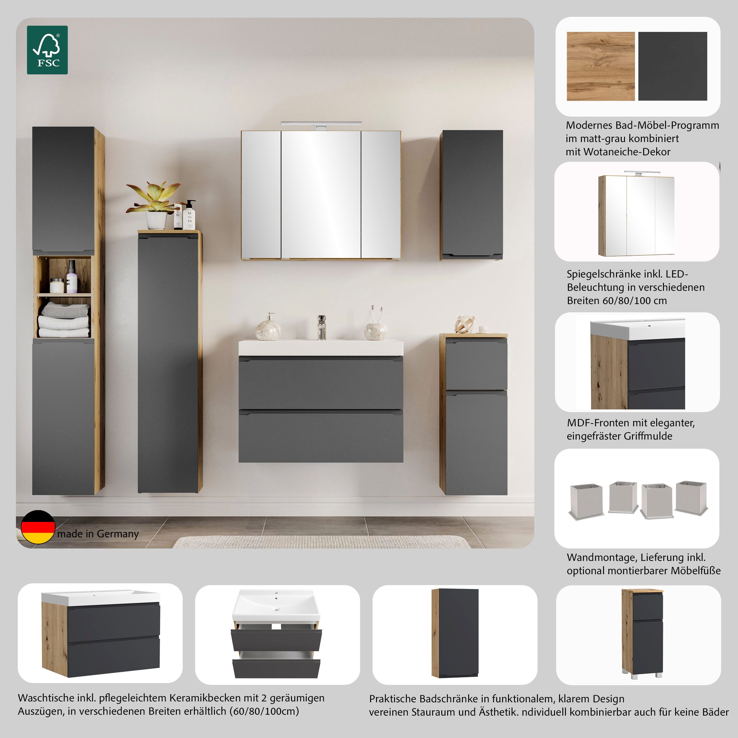 welltime Waschtisch CABO, Waschtisch, matt grau, griffloses Design
