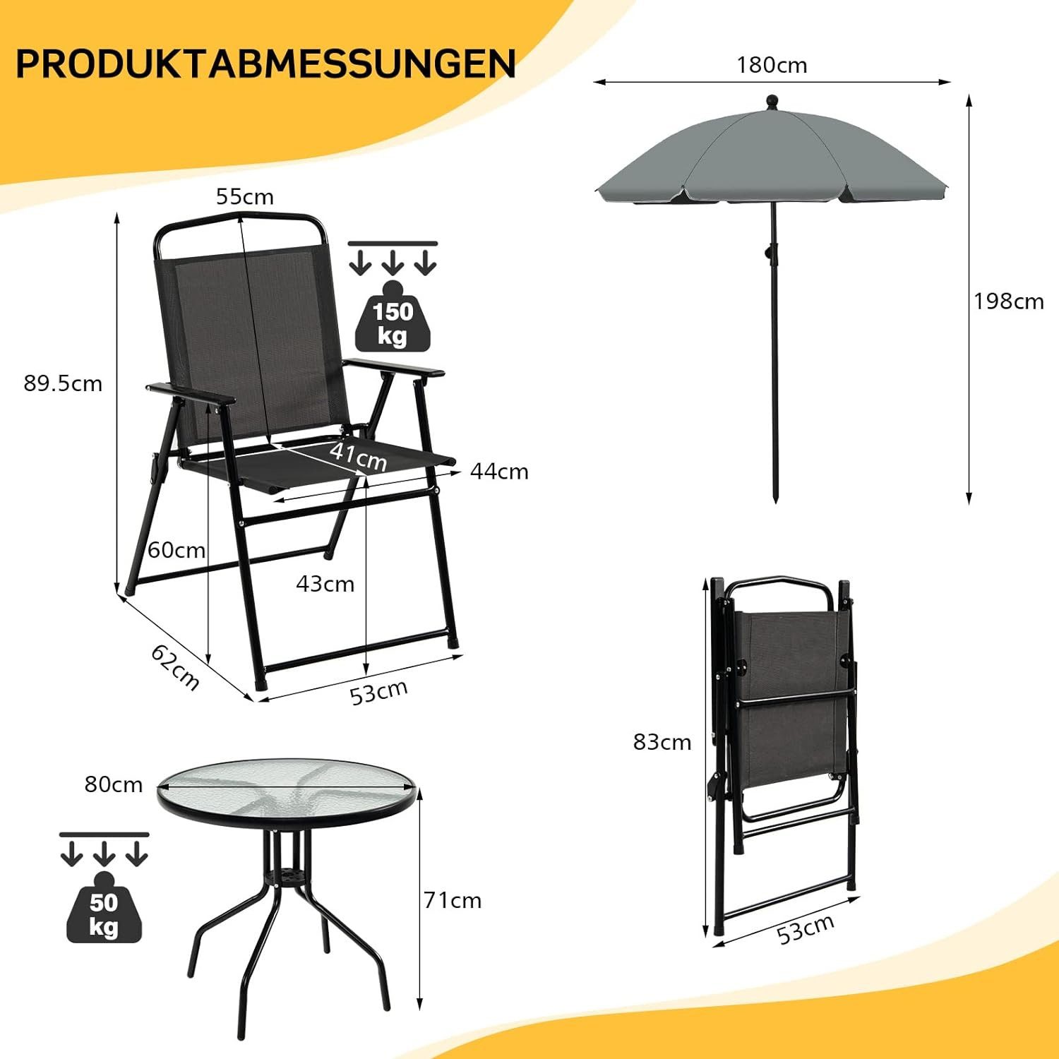 KOMFOTTEU Balkonset Gartenmöbel Set, 4 Gartenstühle mit Tisch aus Glas & Patio-Schirm