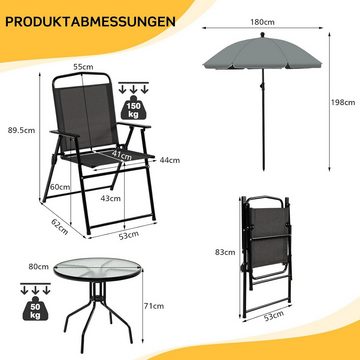 KOMFOTTEU Balkonset Gartenmöbel Set, 4 Gartenstühle mit Tisch aus Glas & Patio-Schirm