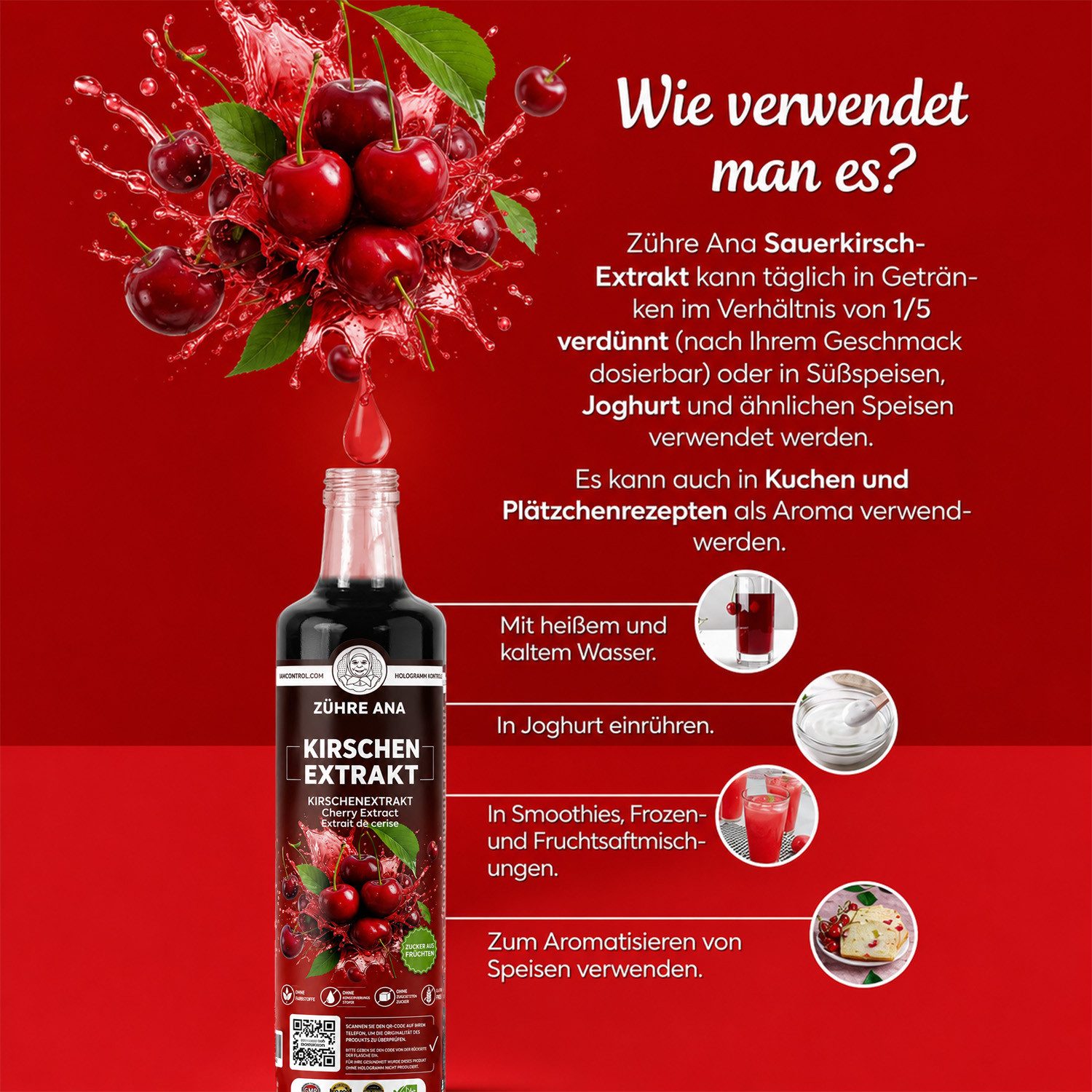 Zühre Ana® Sirup Kırsch Extrakt 640 g – 100 % Frucht, Konzentrat, Natürlich, 1+5, 640 g, Aroma und leicht säuerlicher Geschmack, Mischungsverhältnis: 1+5