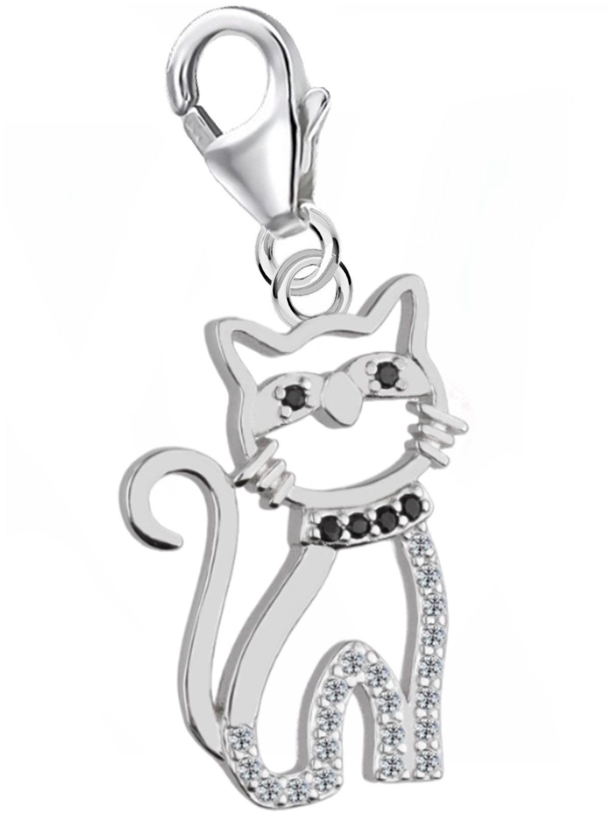 Goldene Hufeisen Charm Kristall Katze Charm 925 Sterling Silber Kater Anhänger für Armband, Rhodium überzogen anlaufgeschützt