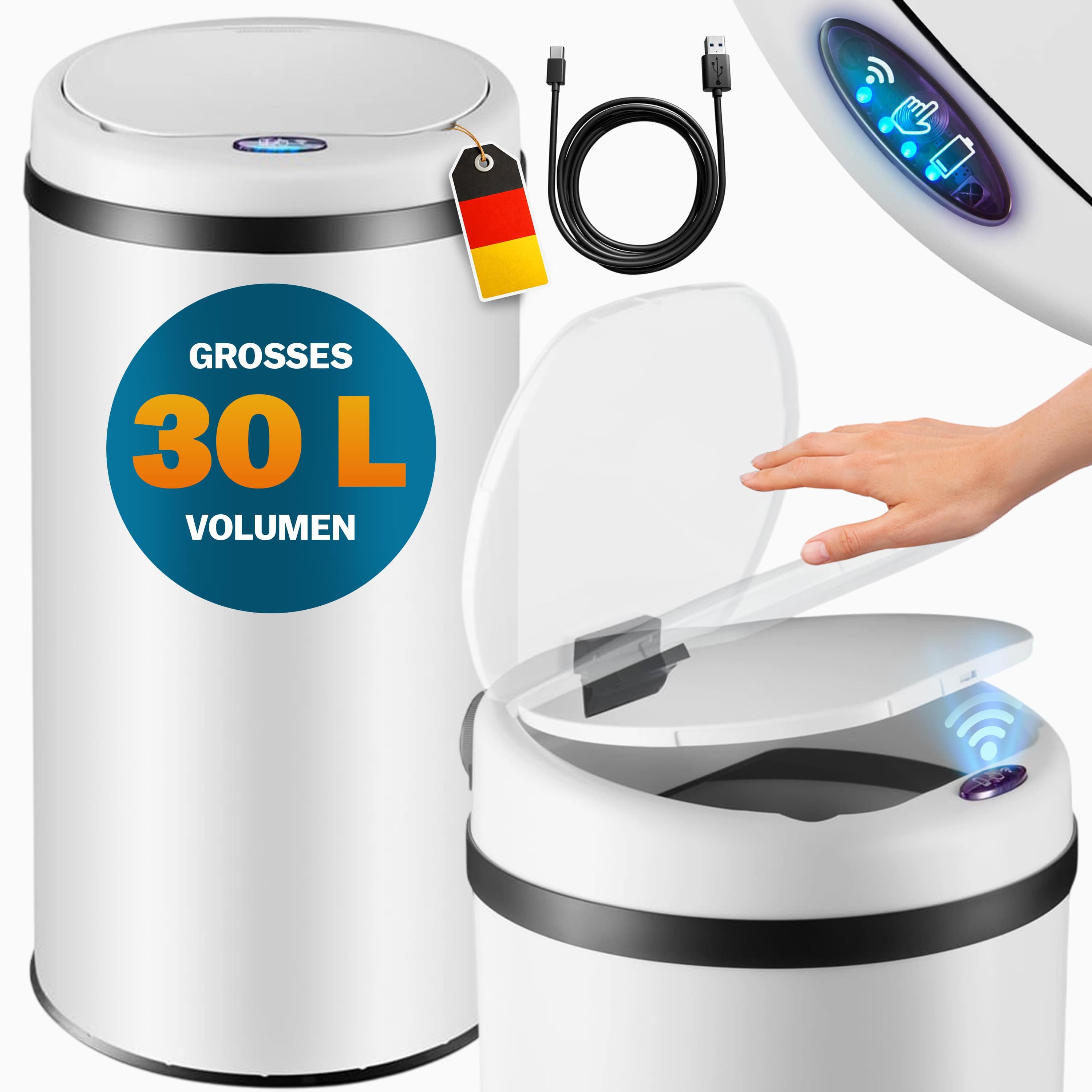 monzana Mülleimer, 30 L Automatik Sensor Mülleimer LED Display Müllbehälter berührungslos