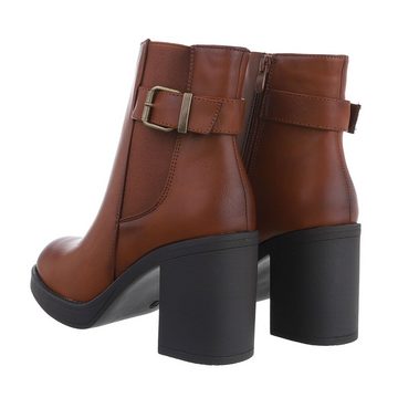 Ital-Design Damen Freizeit High-Heel-Stiefelette Blockabsatz High-Heel Stiefeletten in Camel