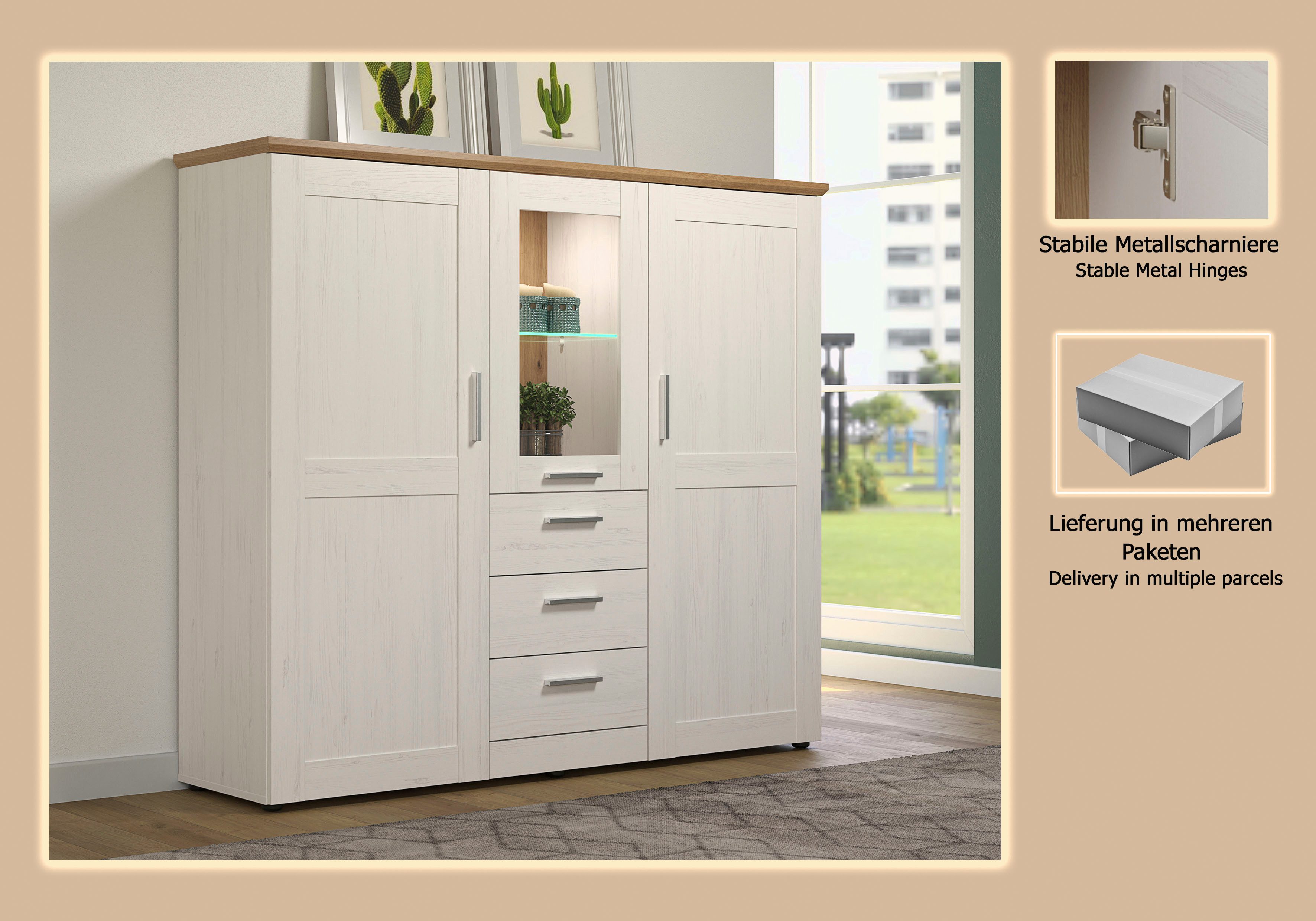 Home affaire Highboard Nybro, Vitrine, wechselseitig montierbarer Türanschlag, Breite 159 cm