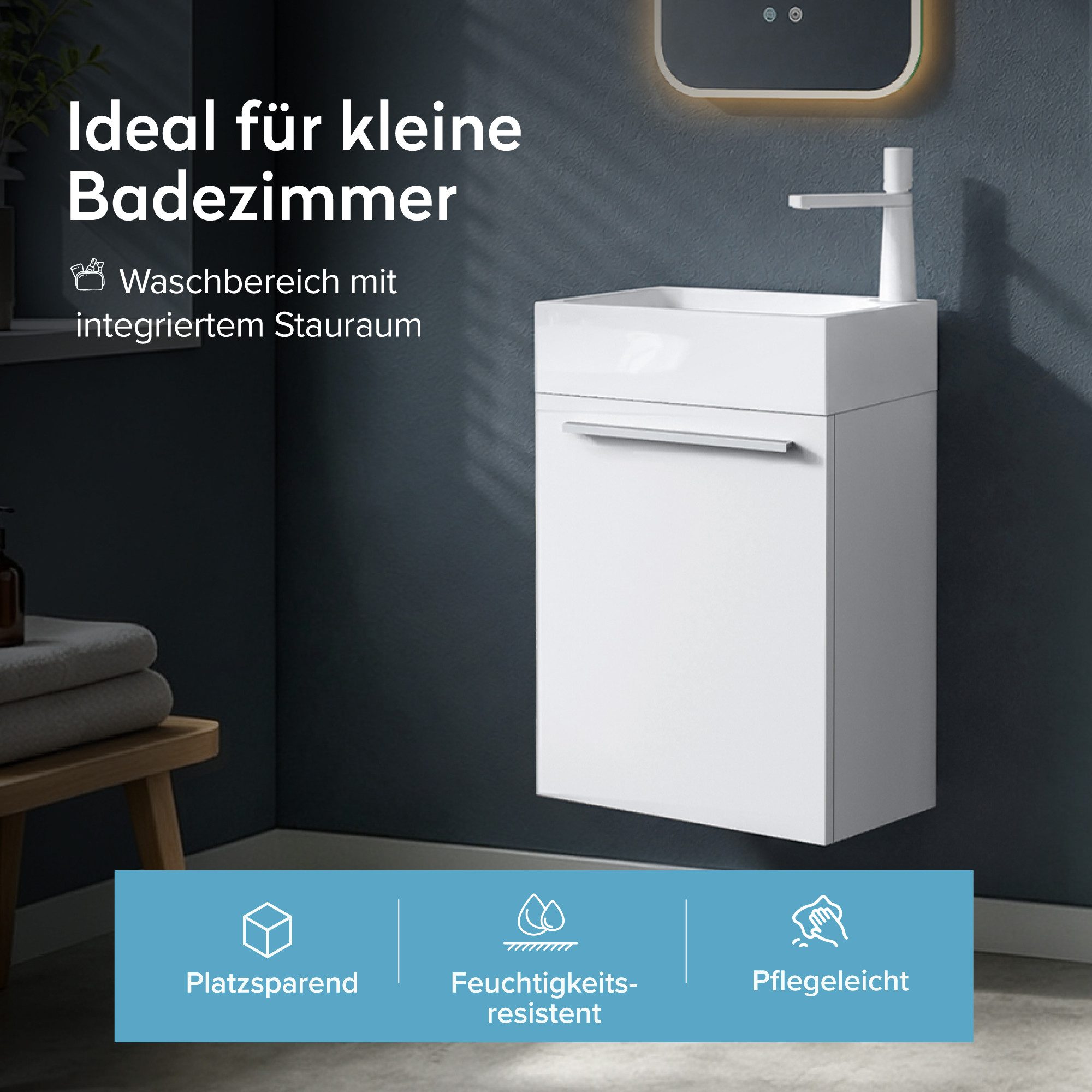 doporro Badezimmer-Set Waschtisch mit Unterschrank Gäste-WC E1-Platte Holzbeschichtung PISA, 46cm Breite, wasserdicht – Bild 2 von 5