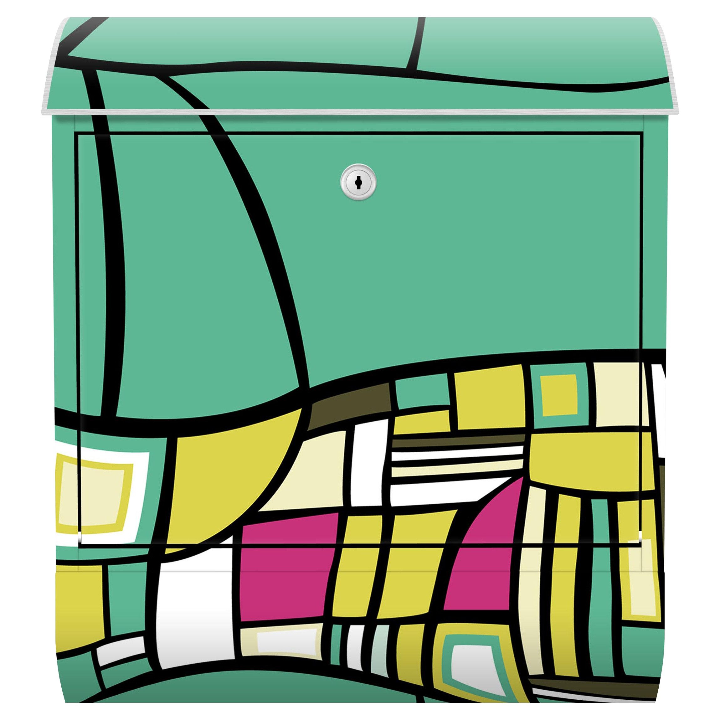 Bilderdepot24 Briefkasten Wandbriefkasten mit Zeitungsfach Motiv Abstraktes Muster Türkis (inkl. Zeitungsrolle und 3 Schlüssel), Motivdruck, wetterfest, UV-beständig, abschließbar, 46x39x13 cm