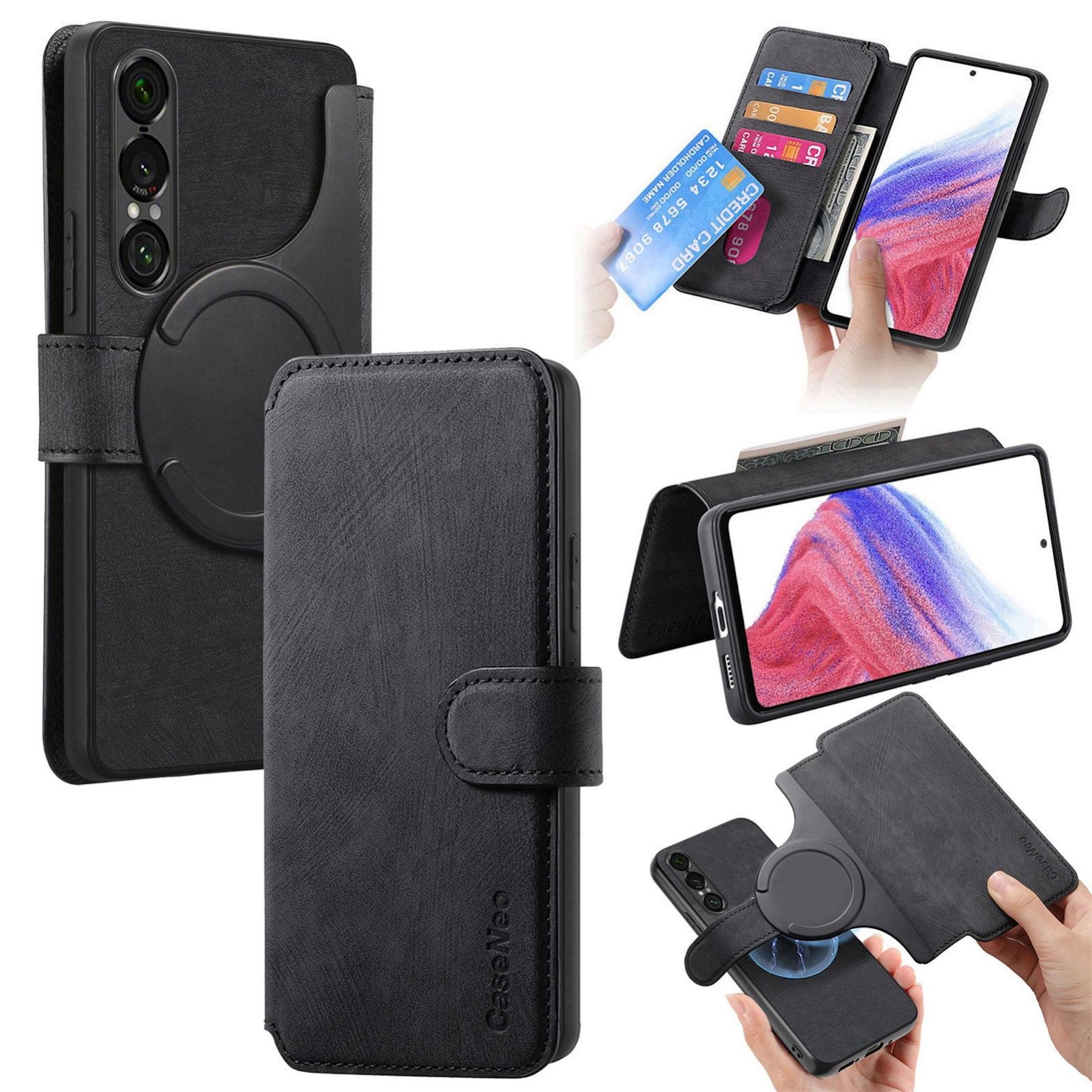 Wigento Handyhülle Für Sony Xperia 1 VII CaseNeo MagSafe Kunstleder Hülle Retro Schwarz, RFID Retro Kunstleder Hülle mit MagSafe und Kartenfächern