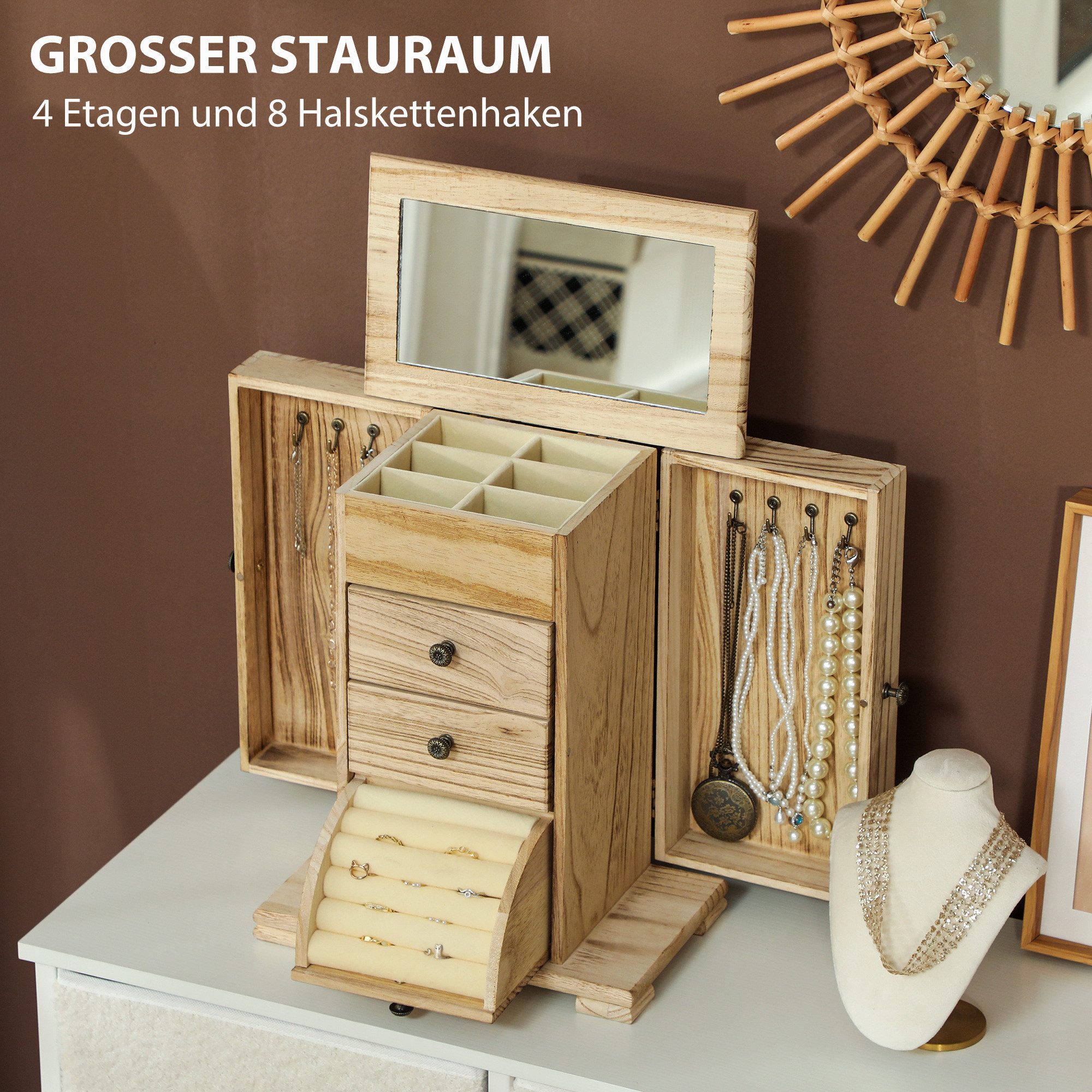 HOMCOM Schmuckkasten Schmuckkästchen Holz mit 4 Ebenen mit Spiegel und Schubladen (Schmuckbox, 1 St., Schmuckschatulle), für Ringe, Ohrringe Braun – Bild 4 von 5