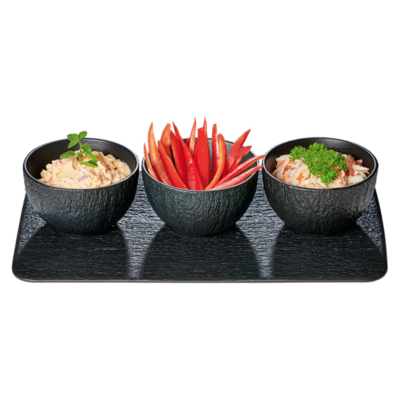 CHEF CUISINE International Dipschale 3er Set, ø 9 cm, inklusive Tablett, Schieferoptik, Porzellan
