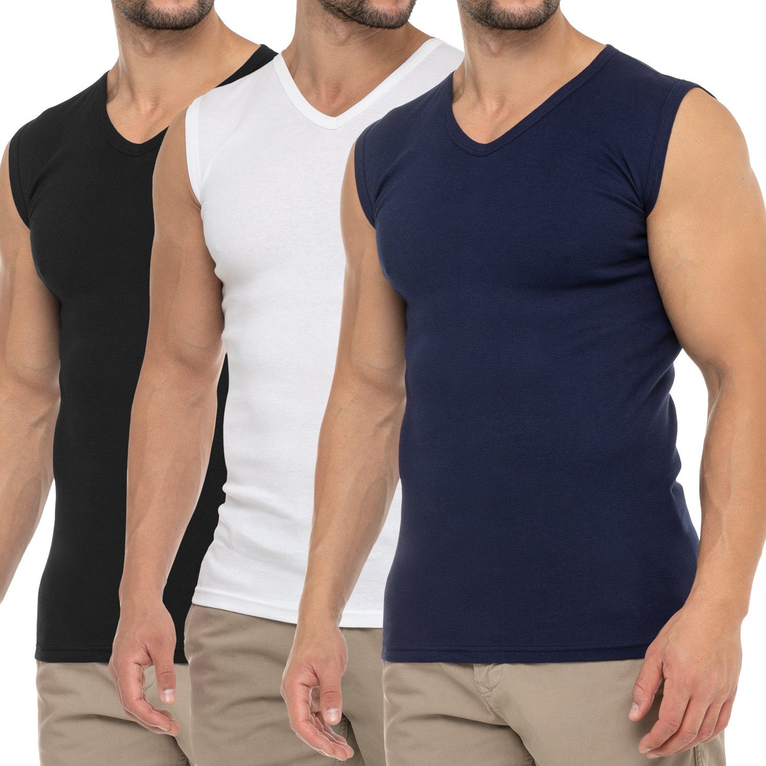 celodoro Unterhemd Herren Business Muskelshirt V-Neck (3er Pack) Muscle Shirt 3farb-Pack (Schwarz, Weiss, Navy)